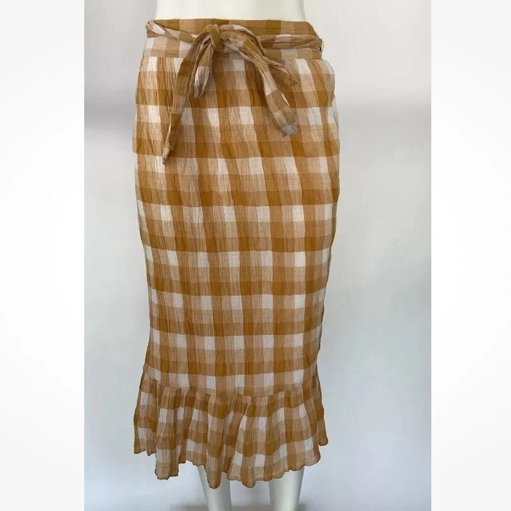 Anthropologie Sz S Orange Plaid Wrap Midi Skirt Ruffle Trim Casual Style